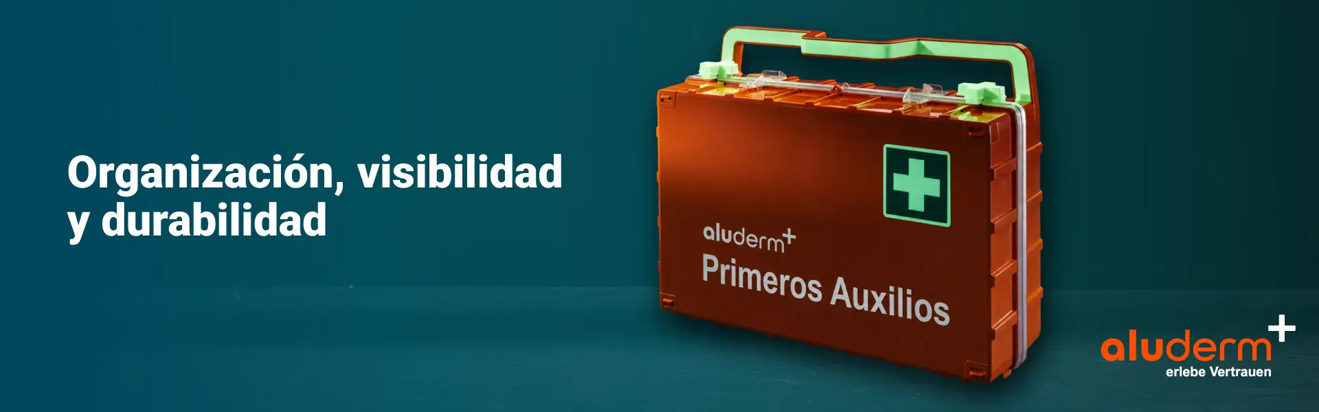 Botiquín de primeros auxilios aluderm, naranja y con asa fotoluminiscente. Organización, visibilidad y durabilidad.