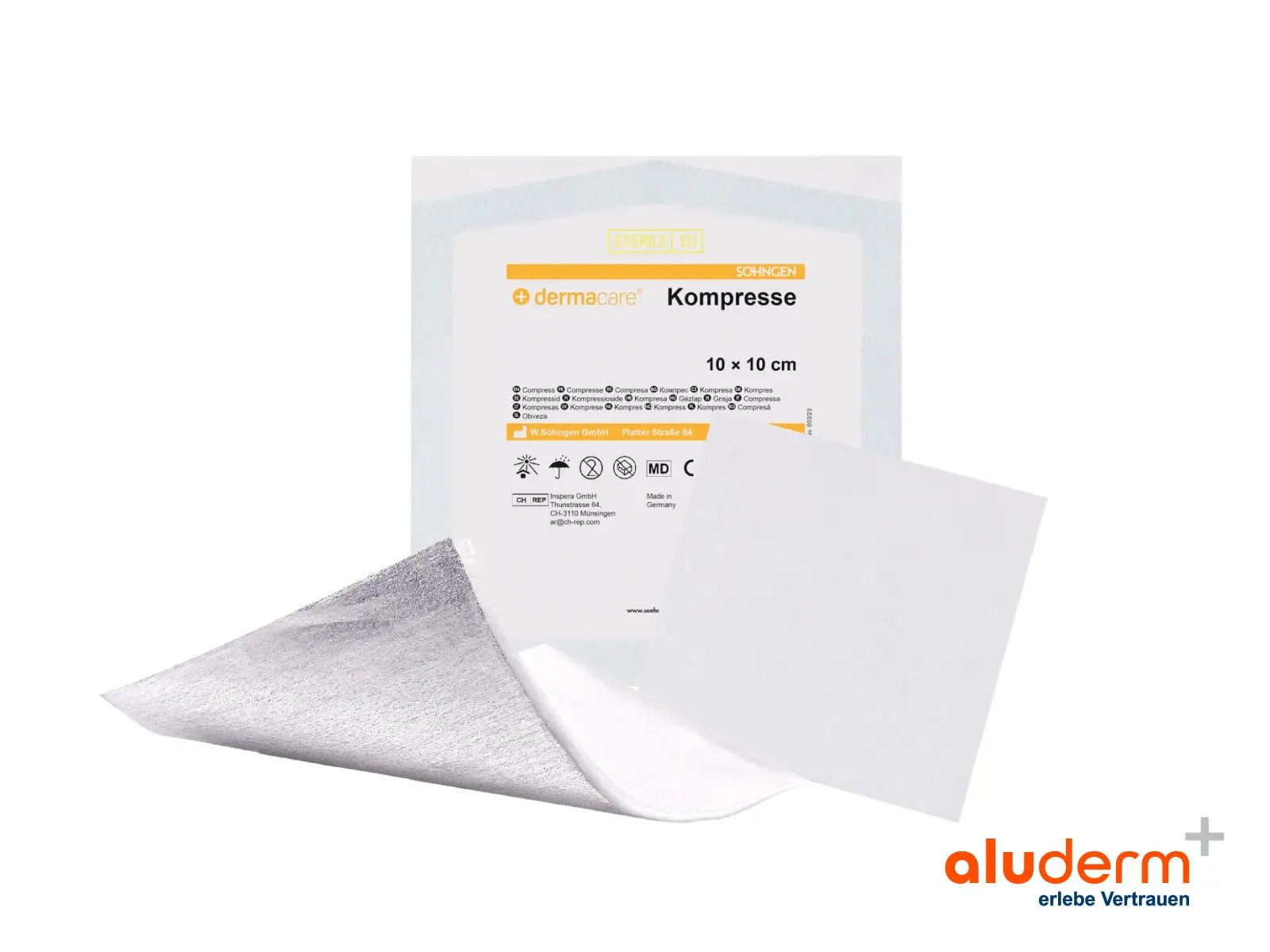Compresa estéril aluderm de 10 × 10 cm, con capa de aluminio.