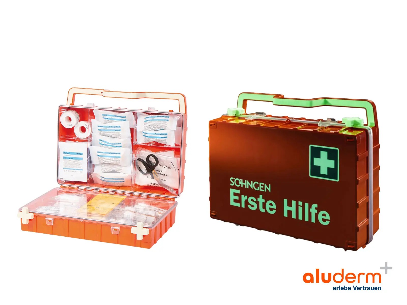 Botiquín Söhngen Erste Hilfe Dynamic Glow abierto y cerrado, con elementos fotoluminiscentes.