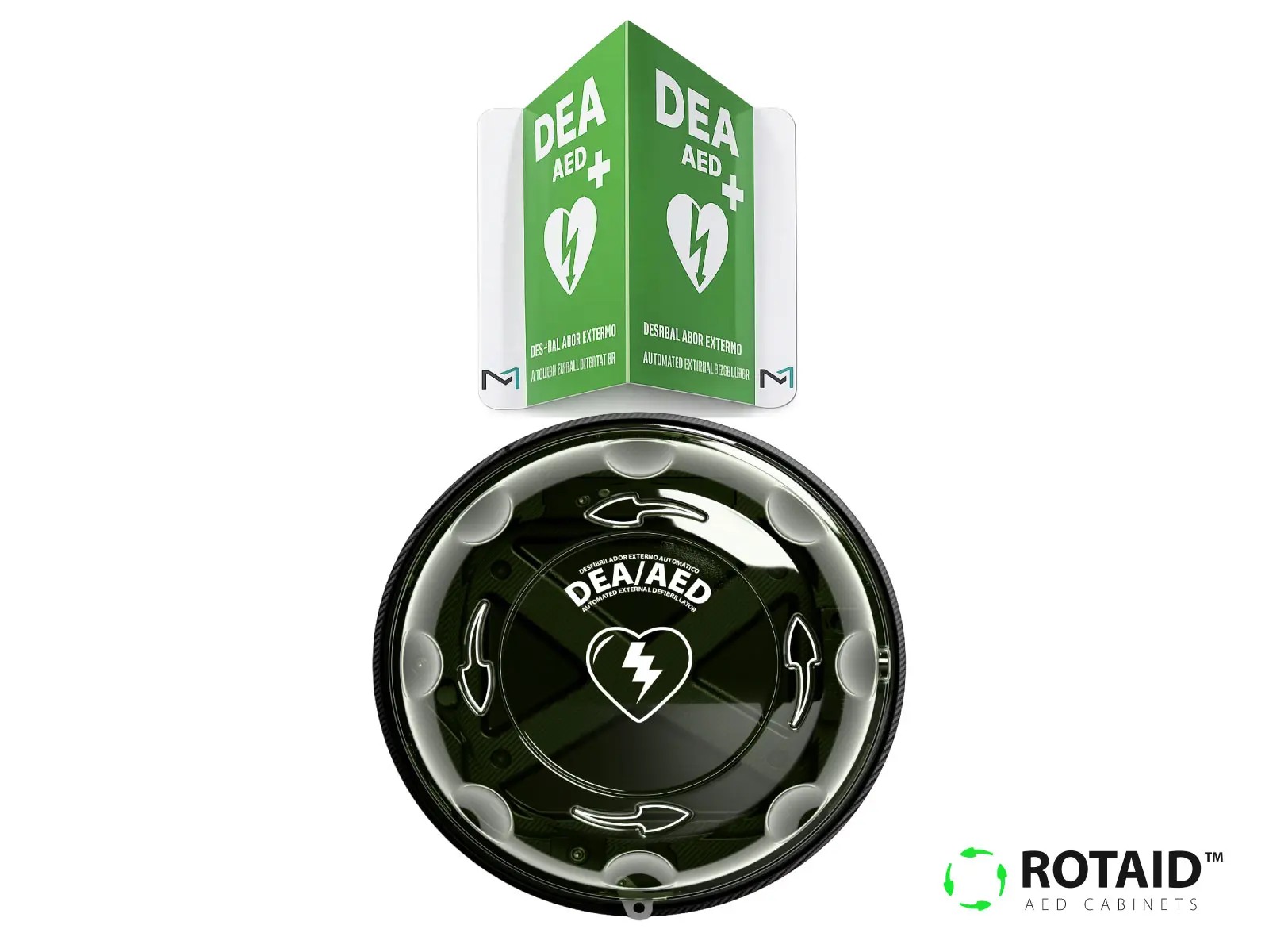 Gabinete Rotaid circular para desfibrilador, con señalética DEA/AED en verde.