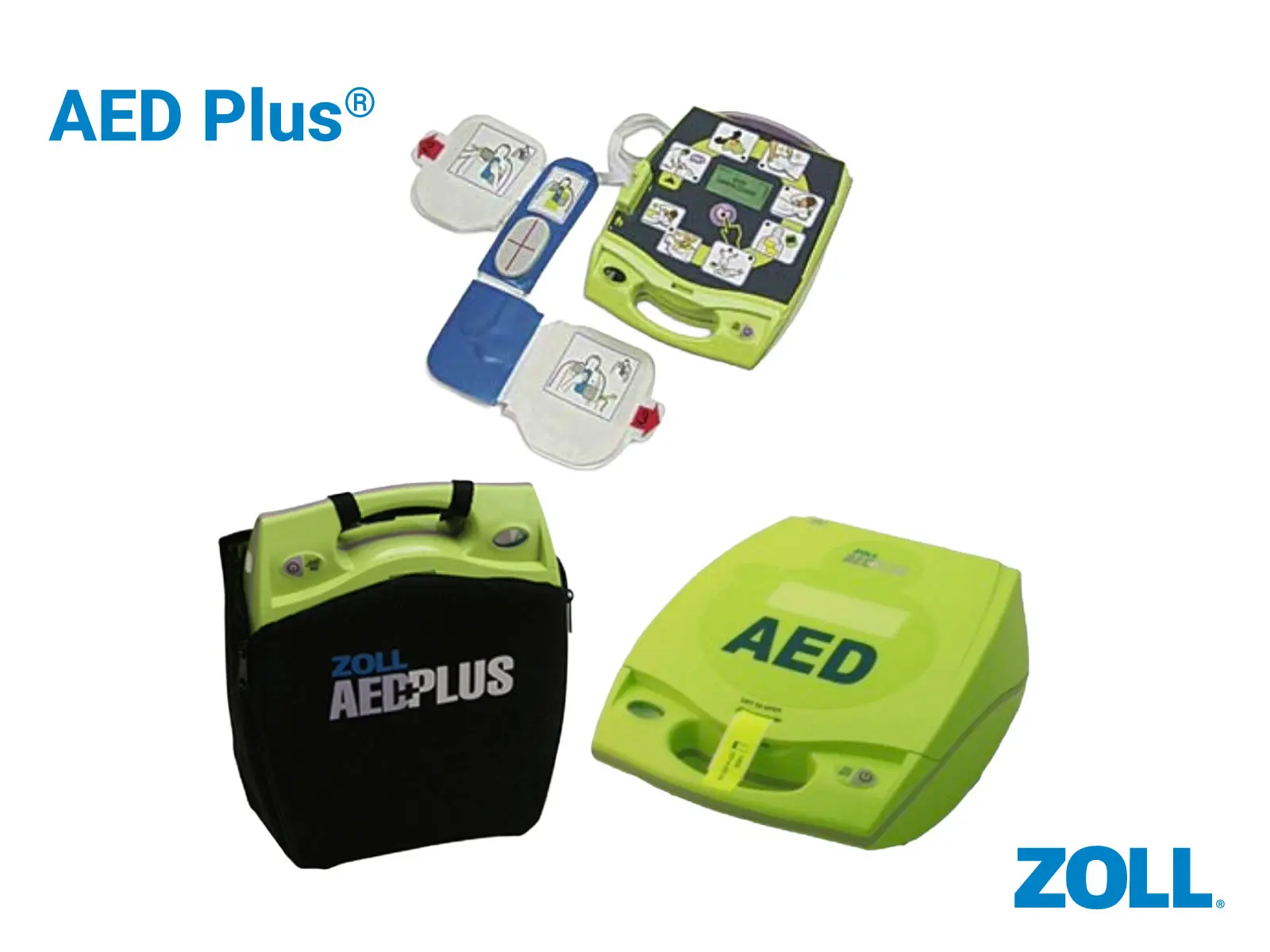 Desfibrilador ZOLL AED Plus con electrodos CPR-D-padz y estuche de transporte.